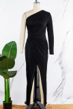 ブラック カジュアル デイリー エレガント シンプル 非対称 プリント ワンショルダー ロング ドレス ドレス