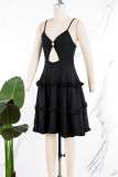 Black Sexy Sweet Daily Party Backless Solid Color Stringy Selvedge Spaghetti Strap Mini Dress Dresses
