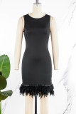 Черное повседневное вечернее элегантное простое платье в стиле пэчворк с перьями, однотонное платье без рукавов с круглым вырезом, платья