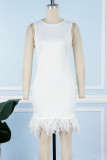 Weiße tägliche Party, elegante Einfachheit, Patchwork-Federn, einfarbig, O-Ausschnitt, ärmelloses Kleid