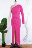 Rose Rood Casual Dagelijks Elegante Eenvoud Asymmetrische druk Een schouder lange jurkjurken
