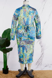 Green Casual Daily Elegant Simplicity Asymmetrical Printing Contrast Shirt Collar Long Sleeve Dresses