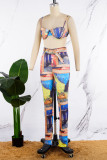 Multicolor Sexy Street Party Print Printing Sleeveless Two Pieces