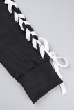 Schwarzes, lässiges, solides Patchwork-Basic mit Kapuzenkragen und langen Ärmeln, zweiteilig