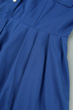 Blaue, lässige, einfarbige, kurzärmlige Basic-Kleider mit Umlegekragen
