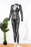 Zwarte Sexy Feest Elegante Kralen Hot Drill Asymmetrische Kraag Skinny Jumpsuits