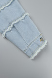 Giacca di jeans normale a maniche lunghe con colletto rovesciato casual tinta unita azzurra