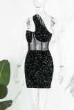 Black Sexy Patchwork Sequins See-through Backless Oblique Collar Sleeveless Dress Dresses
