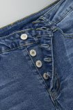 Deep Blue Casual Solid Ripped Buttons High Waist Skinny Denim Jeans