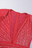 Robe rouge sexy en patchwork, perçage à chaud, perles transparentes, col en V, manches longues