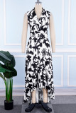 Bianco e nero casual quotidiano elegante semplicità floreale con cintura stampa asimmetrica abiti con scollo a V