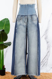 Calça Jeans Azul Casual Patchwork Contraste Cintura Alta