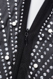Zwart sexy patchwork heet boren doorzichtige kralen V-hals jurken met lange mouwen
