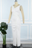 Vestido branco casual doce sólido patchwork fenda dobrável com decote em V vestidos irregulares