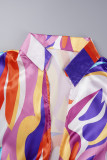 Rose Purple Casual Print Frenulum Turndown Collar Plus Size Two Pieces