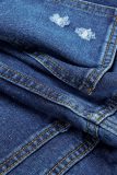Short jeans azul escuro casual liso liso cintura alta rasgado