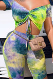 Groene sexy print tie-dye patchwork trekkoord v-hals korte mouw twee stukken