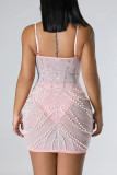 Celebridades rosa elegantes perfurações quentes patchwork miçangas malha alça espaguete vestidos de saia enrolada