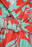 Красный Зеленый Повседневный Повседневный Элегантный Простота Цветочный с поясом Асимметричная печать Платья с V-образным вырезом