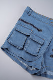 Shorts jeans skinny de cintura média com patchwork sólido casual azul profundo
