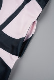 Black Pink Plus Size Sweet Geometric Patchwork O Neck Princess Dresses