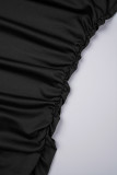 Robes noires sexy à manches longues et col carré asymétrique en patchwork uni
