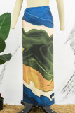 Green Casual Print Slit Skinny High Waist Conventional Full Print Skirts