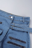 Темно-синие повседневные однотонные джинсовые шорты скинни со средней талией в стиле пэчворк