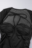 Черные сексуальные однотонные лоскутные платья с асимметричным квадратным воротником и длинными рукавами