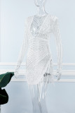 White Sexy Patchwork Hot Drilling See-through Beading V Neck Long Sleeve Dresses