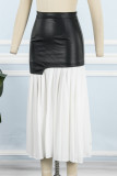 White Casual Patchwork Contrast Pleated Regular High Waist Conventional Patchwork Skirt