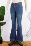 Azul profundo casual sólido fivela cintura alta jeans regular