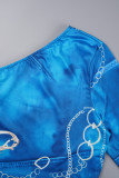 Синий сексуальный уличный принт Лоскутная нашивка на одно плечо с длинным рукавом из двух частей