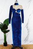 Синее сексуальное однотонное лоскутное вечернее платье с открытой спиной и разрезом на шее