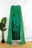 Vestido largo verde elegante de retazos lisos con cremallera y cuello redondo