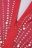 Rosa vermelha sexy patchwork perfuração quente transparente miçangas decote em v vestidos de manga comprida