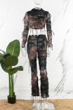 Brown Casual Print Tassel Half A Turtleneck Long Sleeve Two Pieces