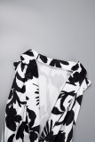 Черно-белые повседневные повседневные элегантные простые цветочные с поясом асимметричные платья с V-образным вырезом и принтом