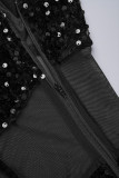 Vestido sin mangas con cuello oblicuo sin espalda transparente con lentejuelas de retazos sexy negro Vestidos