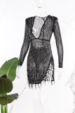 Black Sexy Patchwork Hot Drilling See-through Beading V Neck Long Sleeve Dresses