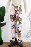 Rosa Casual Camuflagem Estampado Patchwork Regular Cintura Alta Convencional Calça Estampada Completa