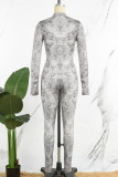 Graue, lässig bedruckte, schlichte Skinny-Jumpsuits mit Reißverschlusskragen