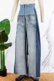Calça Jeans Azul Casual Patchwork Contraste Cintura Alta
