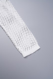 Bandagem sólida sexy cinza vazada transparente sem costas gola redonda manga comprida duas peças