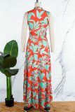 レッド グリーン カジュアル デイリー エレガント シンプル 花柄 ベルト付き 非対称プリント Vネック ドレス