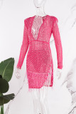 Rose Red Sexy Patchwork Hot Drilling See-through Beading V Neck Long Sleeve Dresses