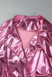 Prendas de abrigo con cuello vuelto de cárdigan sólido casual rojo rosa