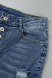 Deep Blue Casual Solid Ripped Buttons High Waist Skinny Denim Jeans