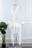 White Casual Solid Tassel See-through V Neck Wrapped Skirt Dresses