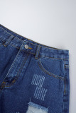 Deep Blue Casual Solid High Waist Regular Distressed Ripped Denim Shorts
